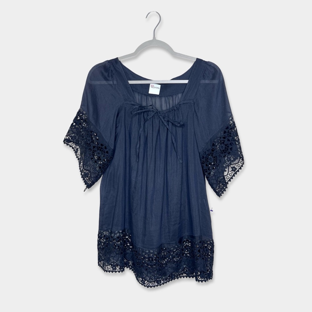 RED VALENTINO Blouse Size M Black Color Lace Details Adjustable Neckline GUC